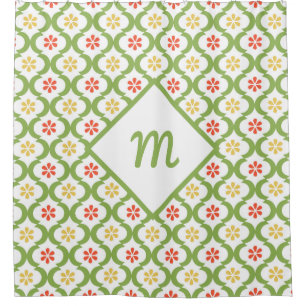 Girly Green Quatrefoil Cute Daisies and Monogram Shower Curtain