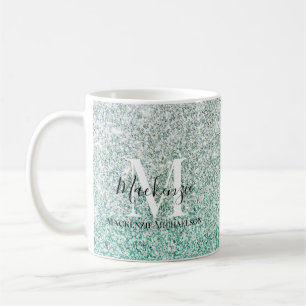 Girly Green Silver Ombre Glitter Monogram Name Coffee Mug