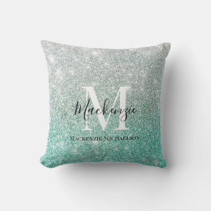 Girly Green Silver Ombre Glitter Monogram Name   Cushion