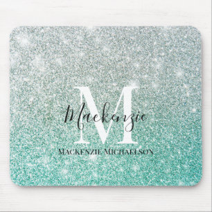 Girly Green Silver Ombre Glitter Monogram Name  Mouse Pad