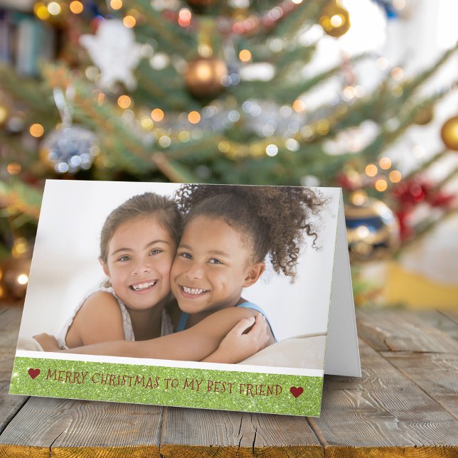 Girly Green Sparkle Best Friend Photo Holiday Card (Girly Green Sparkle Best Friend Photo Holiday Card)