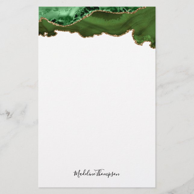 Girly Green Velvet Agate Geode Script Typography Stationery (Front)
