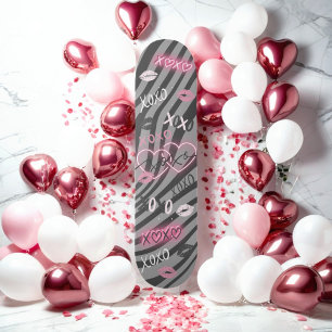 Girly Grey and Pink XOXO Valentine Skateboard