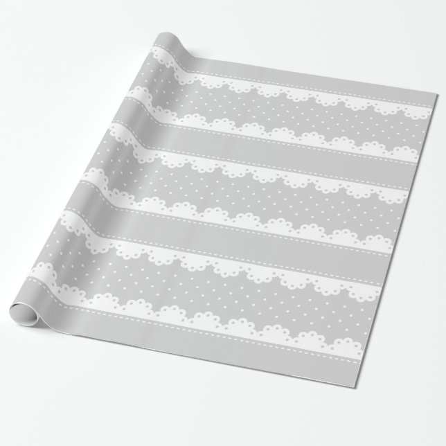 Girly Grey and White Polka Dot Lace Pattern Wrapping Paper (Unrolled)