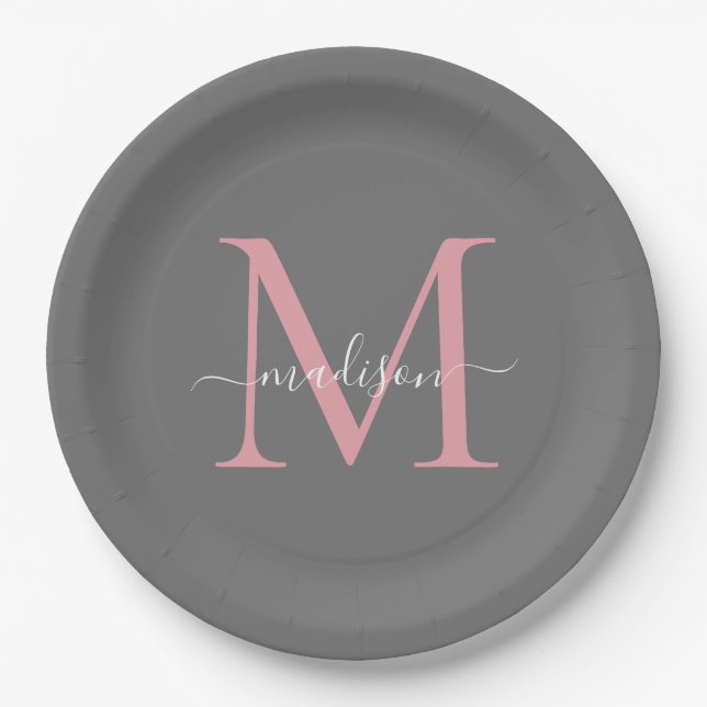 Girly Grey Blush Pink Monogram Trendy Script Name Paper Plate (Front)