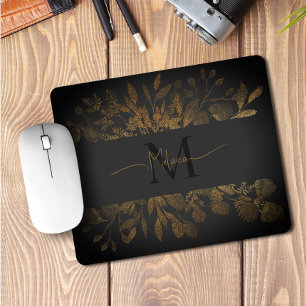Girly Grey & Gold glitter Vintage floral Monogram Mouse Pad