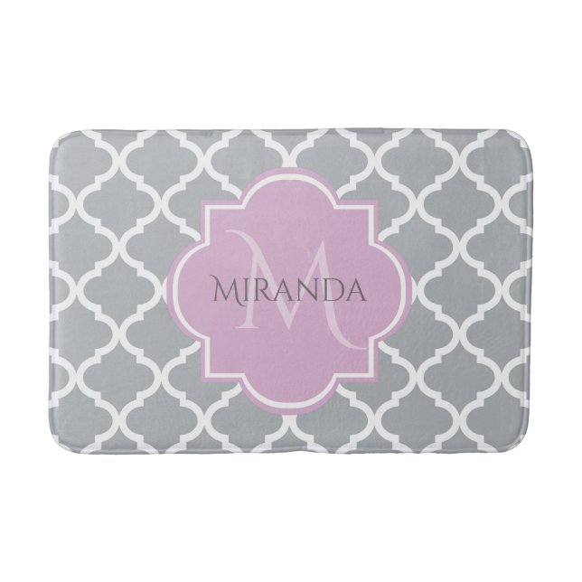 Girly Grey Quatrefoil Lavender Monogram and Name Bath Mat (Front)