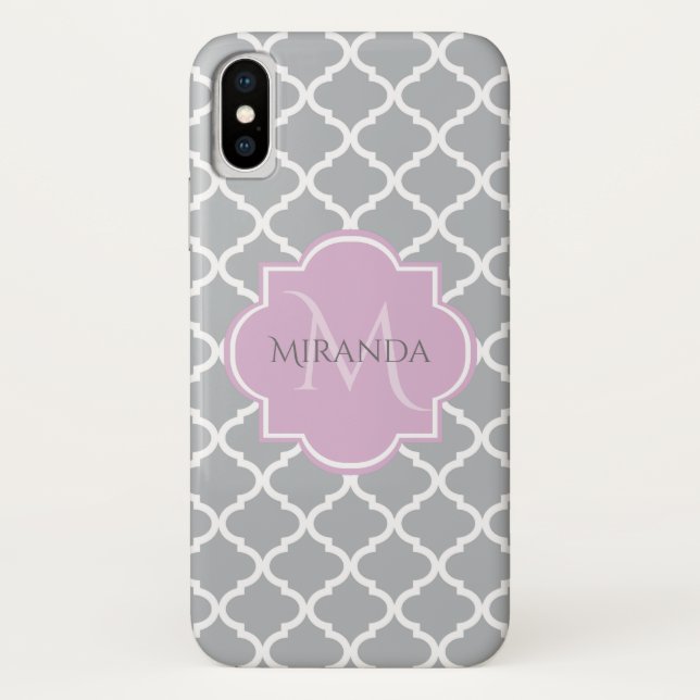 Girly Grey Quatrefoil Lavender Monogram and Name Case-Mate iPhone Case (Back)