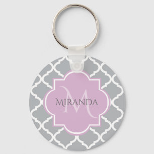 Girly Grey Quatrefoil Lavender Monogram and Name Key Ring