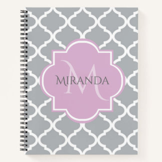 Girly Grey Quatrefoil Lavender Monogram and Name Notebook