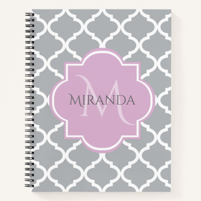 Girly Grey Quatrefoil Lavender Monogram and Name Notebook (Front)
