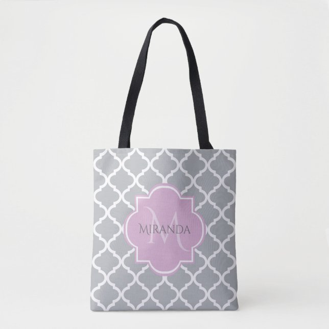 Girly Grey Quatrefoil Lavender Monogram and Name Tote Bag (Front)