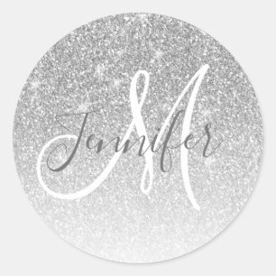 Girly Grey Silver Glitter Blush Monogram Name Classic Round Sticker