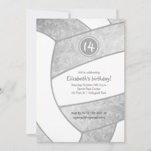 girly grey silver white volleyball birthday invitation