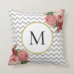 Girly Grey White Chevron Vintage Floral Monogram Cushion