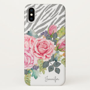 Girly Grey Zebra Print Chic Pink Roses With Name Case-Mate iPhone Case
