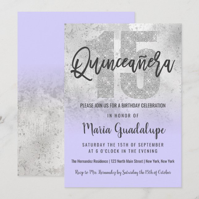 Girly Grunge Silver Lilac Glitter Foil Quinceañera Invitation (Front/Back)