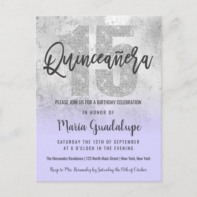 Girly Grunge Silver Lilac Glitter Foil Quinceañera Invitation Postcard (Front)