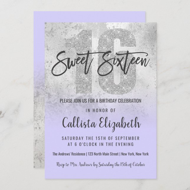 Girly Grunge Silver Lilac Glitter Foil Sweet 16 Invitation (Front/Back)