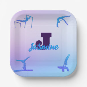 Girly Gymnastics Blue Purple Monogram Personalised Paper Plate
