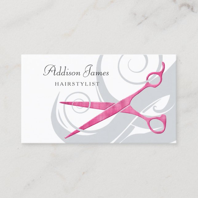 Girly Hairstylist Pink Scissors Curls Appointment Card (Front)