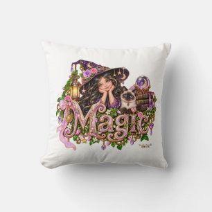 Girly Halloween Witch and Siamese Cat Magic Cushion