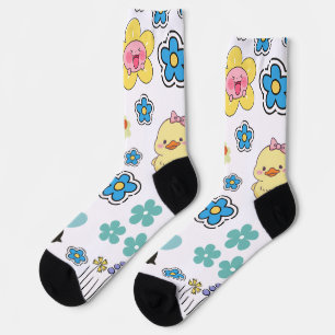 Girly hand drawn cartoon of duck bees floral socks