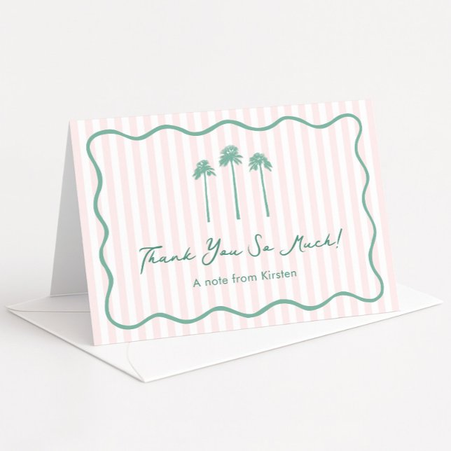 Girly Hand-drawn Palm Springs Bachelorette Party Thank You Card (Pink Mint Tropical Fan Palm Trees Palm Springs folding thank you card hand-drawn squiggle border)