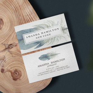 Girly Hand drawn watercolor blue feather boho Business Card