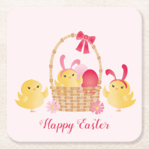 Girly Happy Easter Chicks Pink Square Paper Coaster