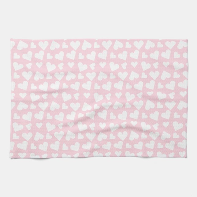 Girly Heart Pattern Pink White Tea Towel (Horizontal)