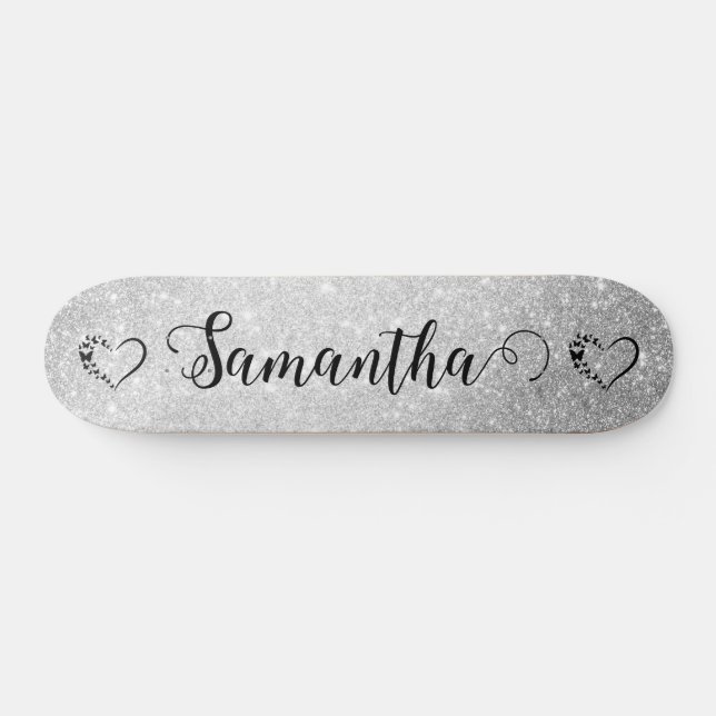 Girly heart silver glitter custom SKATEBOARD (Horz)