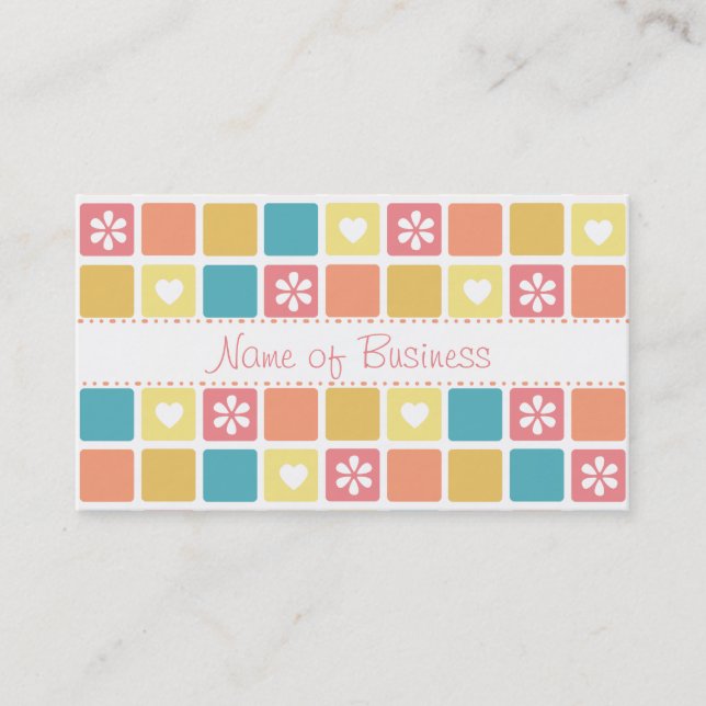 Girly Heart Square Pattern Retro Daisy Flowers Business Card (Front)