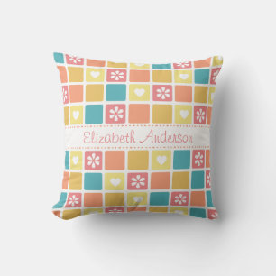 Girly Heart Square Pattern Retro Daisy Flowers Cushion