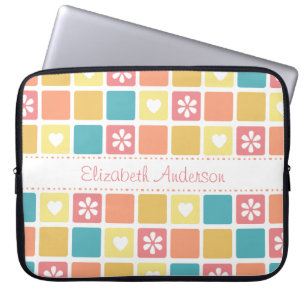 Girly Heart Square Pattern Retro Daisy Flowers Laptop Sleeve