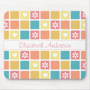 Girly Heart Square Pattern Retro Daisy Flowers Mouse Pad