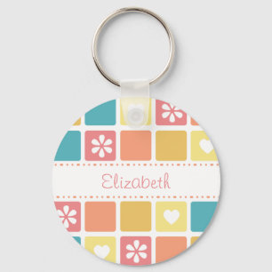Girly Heart Squares Retro Daisy Flowers and Name Key Ring