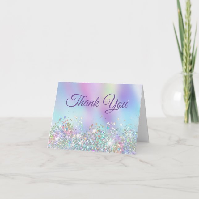 Girly Holo Glitter Aqua Purple Iridescent Thank You Card (Front)
