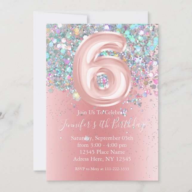 Girly Holographic Glitter 6th Pink Birthday  Invitation (Front)