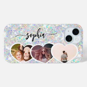 Girly Holographic Glitter Custom Photo Collage iPhone 15 Case