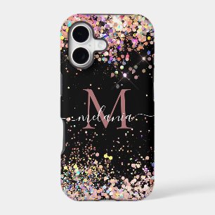 Girly Holographic Glitter Monogram Name Black