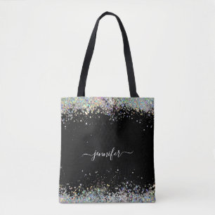 Girly Holographic Glitter Monogram Name Black Tote Bag