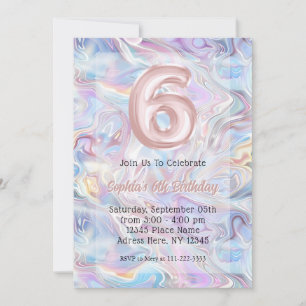 Girly Holographic Marble Swirl 6th Birthday  Invitation