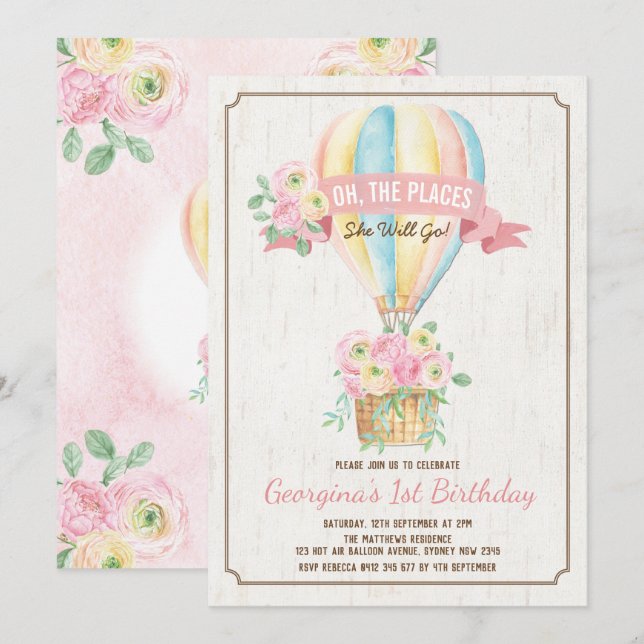 Girly Hot Air Balloon Pink Floral Girl Birthday Invitation (Front/Back)