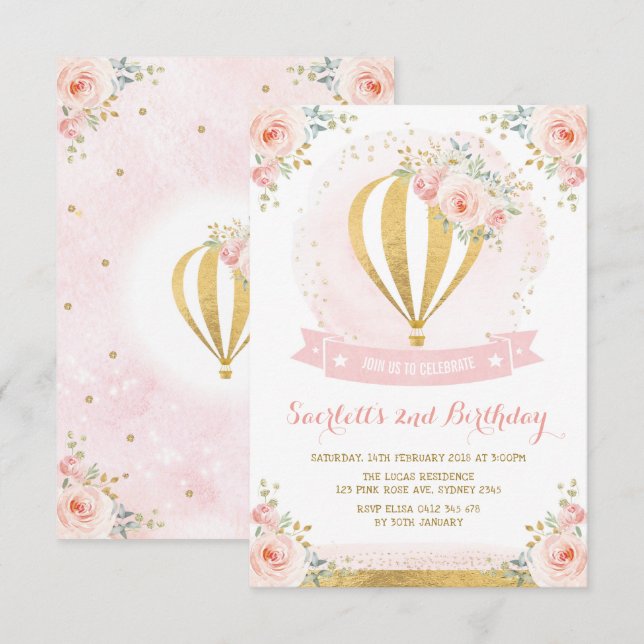 Girly Hot Air Balloon Pink Gold Floral Birthday Invitation (Front/Back)