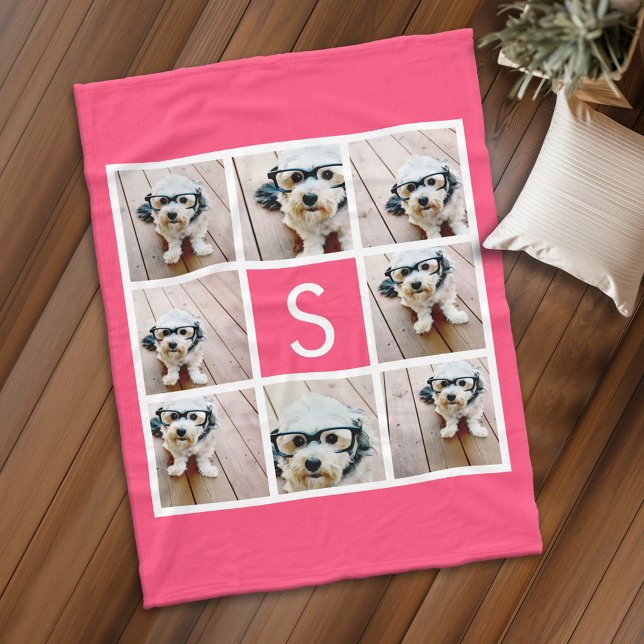 Girly Hot Pink 8 Photo Collage White Monogram Fleece Blanket (Personalized fleece blanket with 8 photos and a monogram)