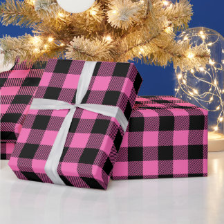 Girly Hot Pink and Black Buffalo Check Wrapping Paper