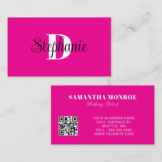 Girly Hot Pink Black and White Modern Monogram Business Card (Front/Back)