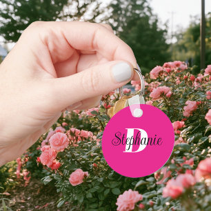 Girly Hot Pink Black and White Modern Monogram Key Ring