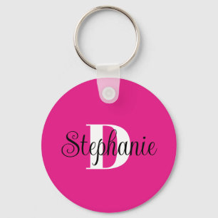 Girly Hot Pink Black and White Modern Monogram Key Ring